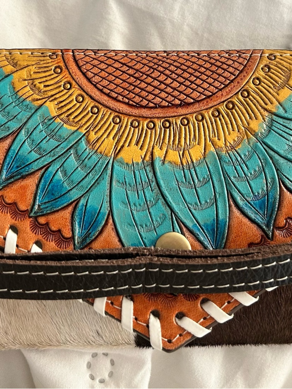 Hand-Tooled Leather Clutch with Turquoise & Yellow Feather Motif